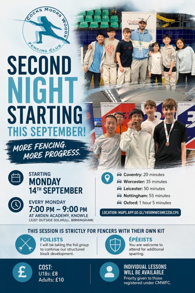 Cocks Moors Woods Fencing Club at Arden Academy, Knowle, Solihull on Monday 7pm-9pm