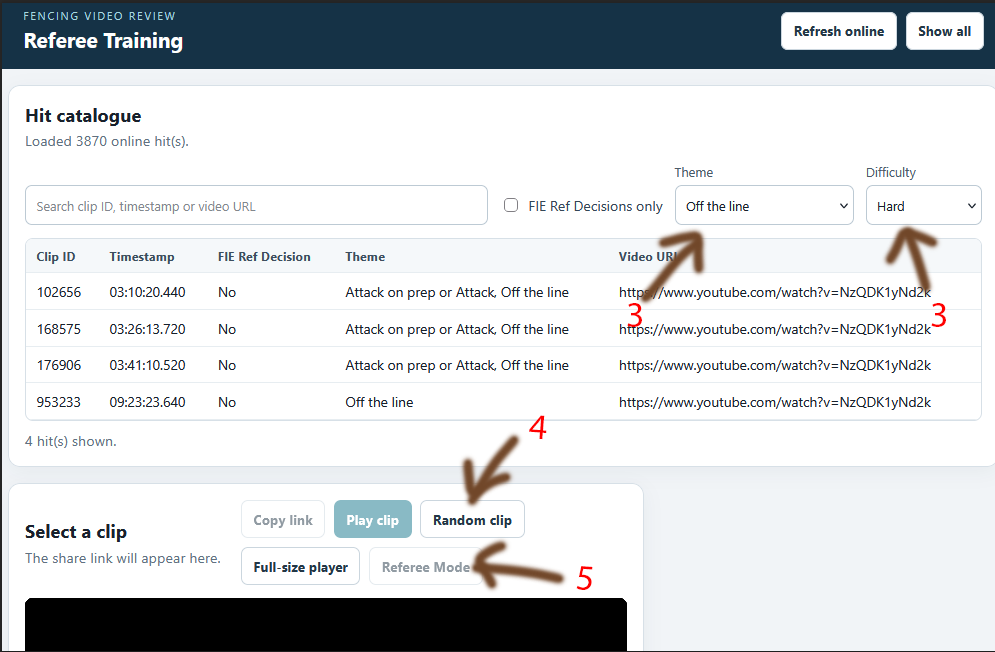 Filter the clips for hits. Referee training app.